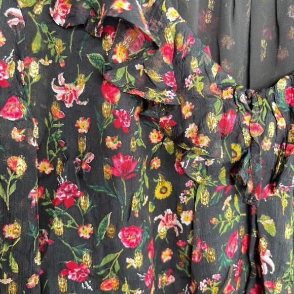 J CREW Ruffleneck Peasant Top Black Flora Gold Metallic Blouse Womens Large NWOT - Picture 13 of 15